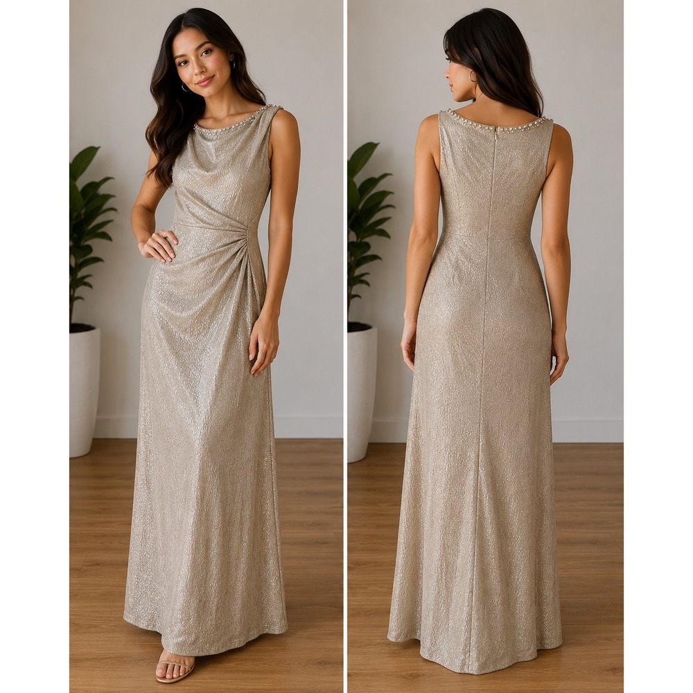 Lauren Ralph Lauren Evening Gold Metallic Beaded‎ Neck Gown Maxi Dress Size 4